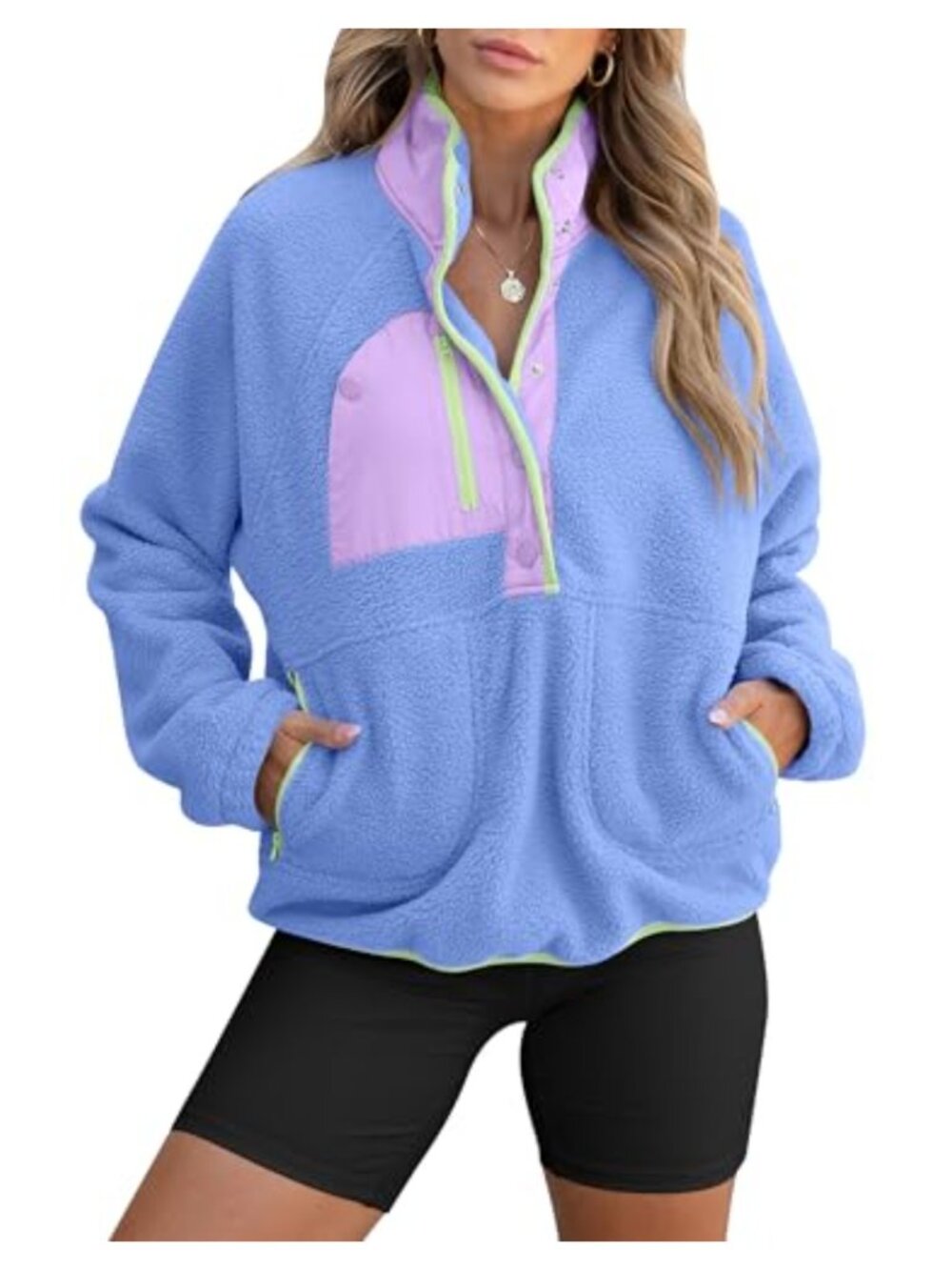 Fuzzy Fleece Pullover Sweatshirt Sherpa Hooded Long Sleeve Loose Fit